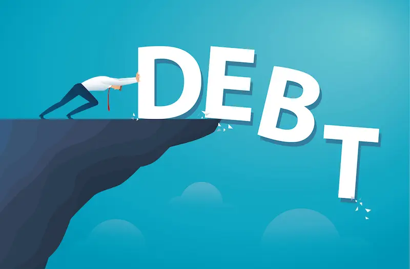 businessman push the word debt